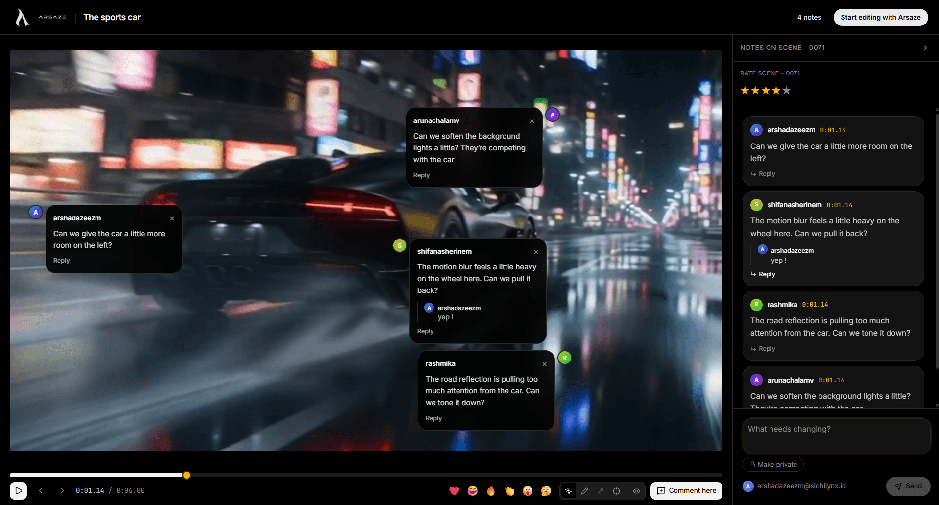 Arsaze's Remarker review surface: timestamped comments anchored to a clip and a commit